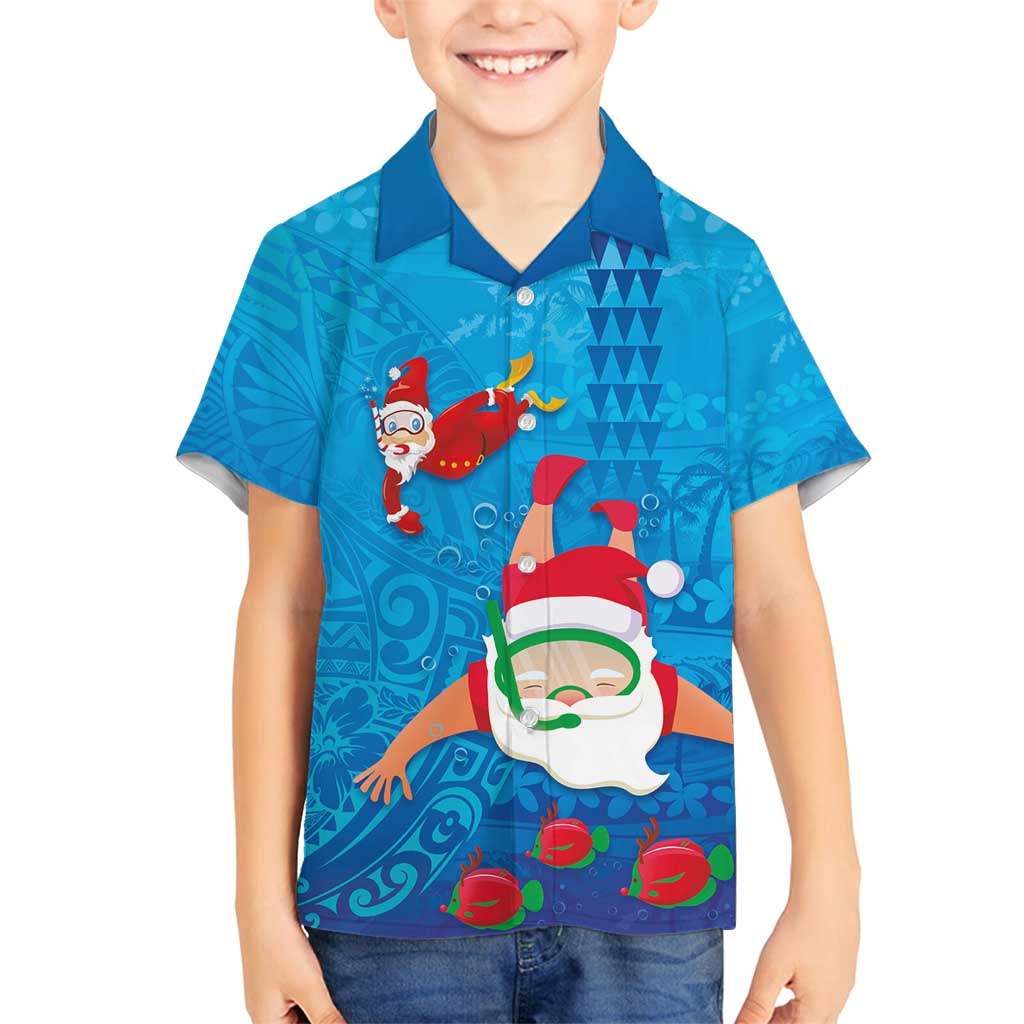 Hawaiian Santa Claus Snorkeling Family Matching Off Shoulder Short Dress and Hawaiian Shirt Kakau and Polynesian Pattern LT03 Son's Shirt Blue - Polynesian Pride