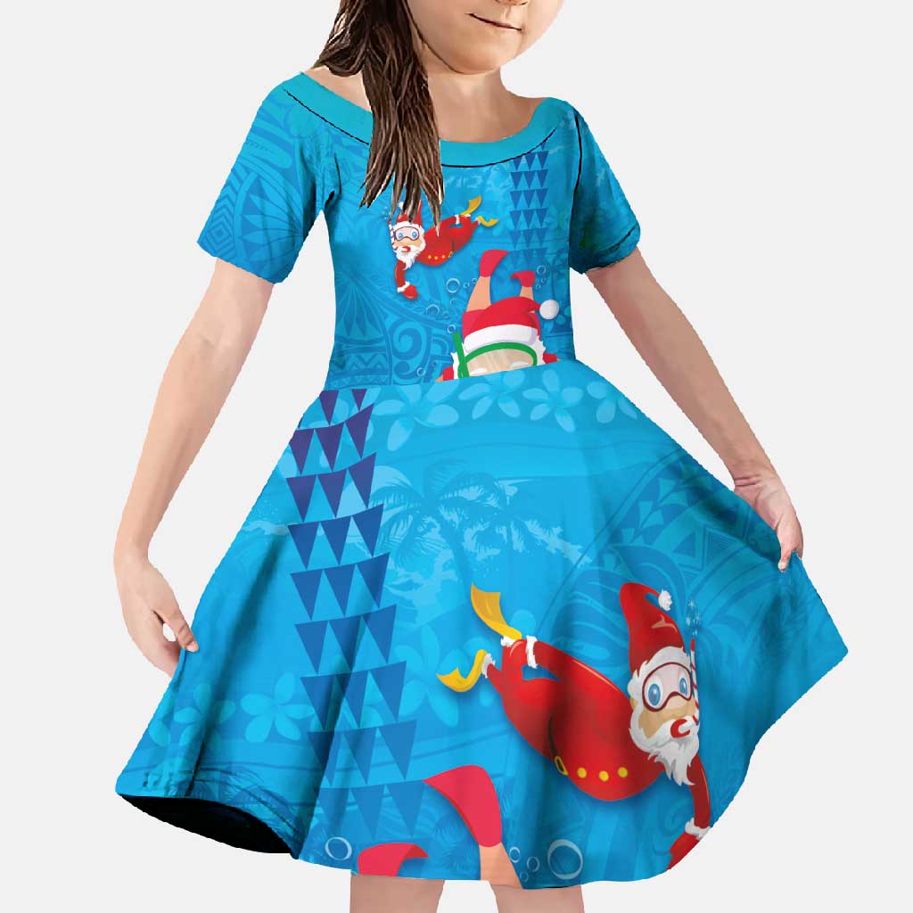 Hawaiian Santa Claus Snorkeling Family Matching Short Sleeve Bodycon Dress and Hawaiian Shirt Kakau and Polynesian Pattern LT03 Daughter's Dress Blue - Polynesian Pride