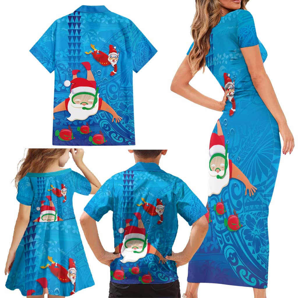 Hawaiian Santa Claus Snorkeling Family Matching Short Sleeve Bodycon Dress and Hawaiian Shirt Kakau and Polynesian Pattern LT03 - Polynesian Pride