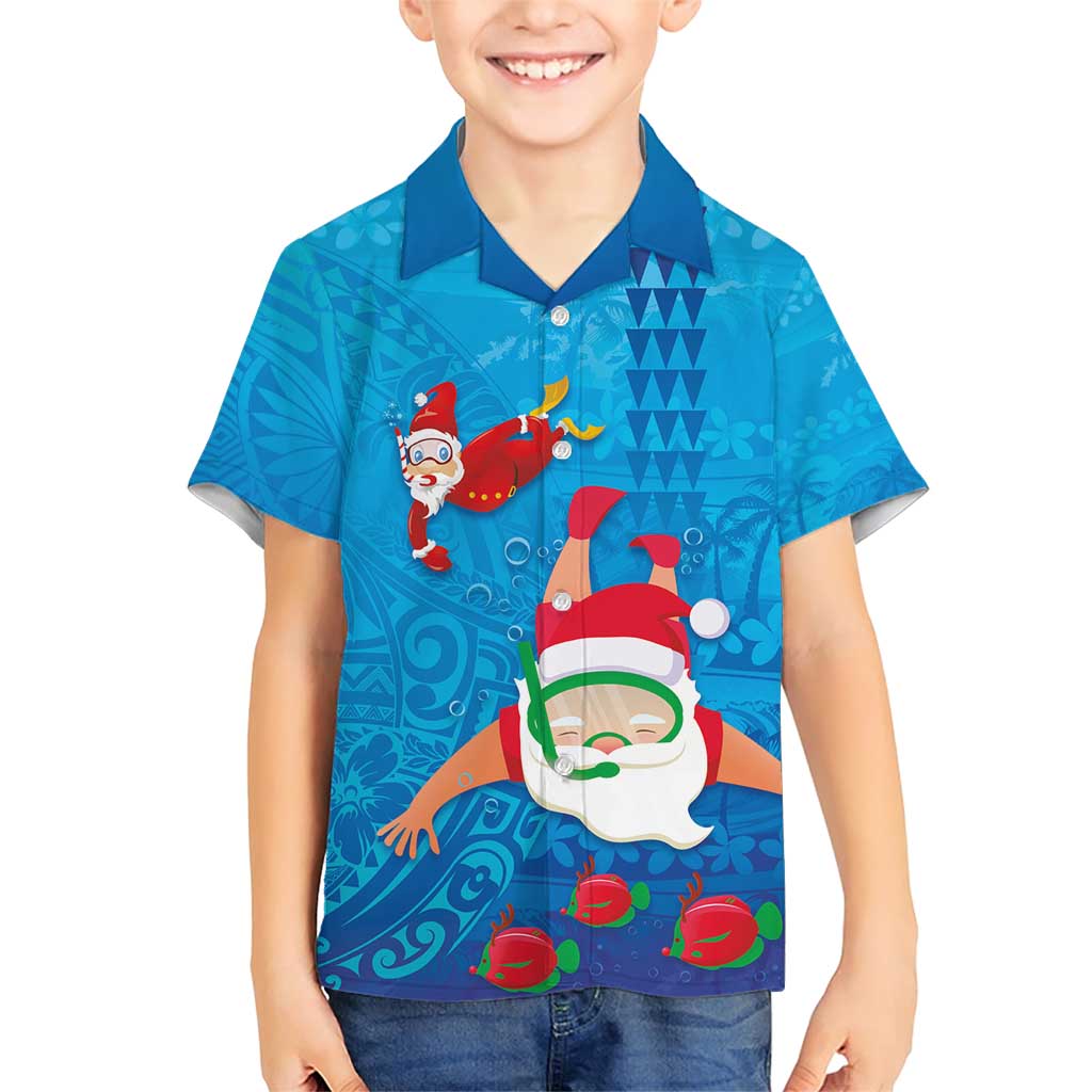 Hawaiian Santa Claus Snorkeling Family Matching Short Sleeve Bodycon Dress and Hawaiian Shirt Kakau and Polynesian Pattern LT03 Son's Shirt Blue - Polynesian Pride