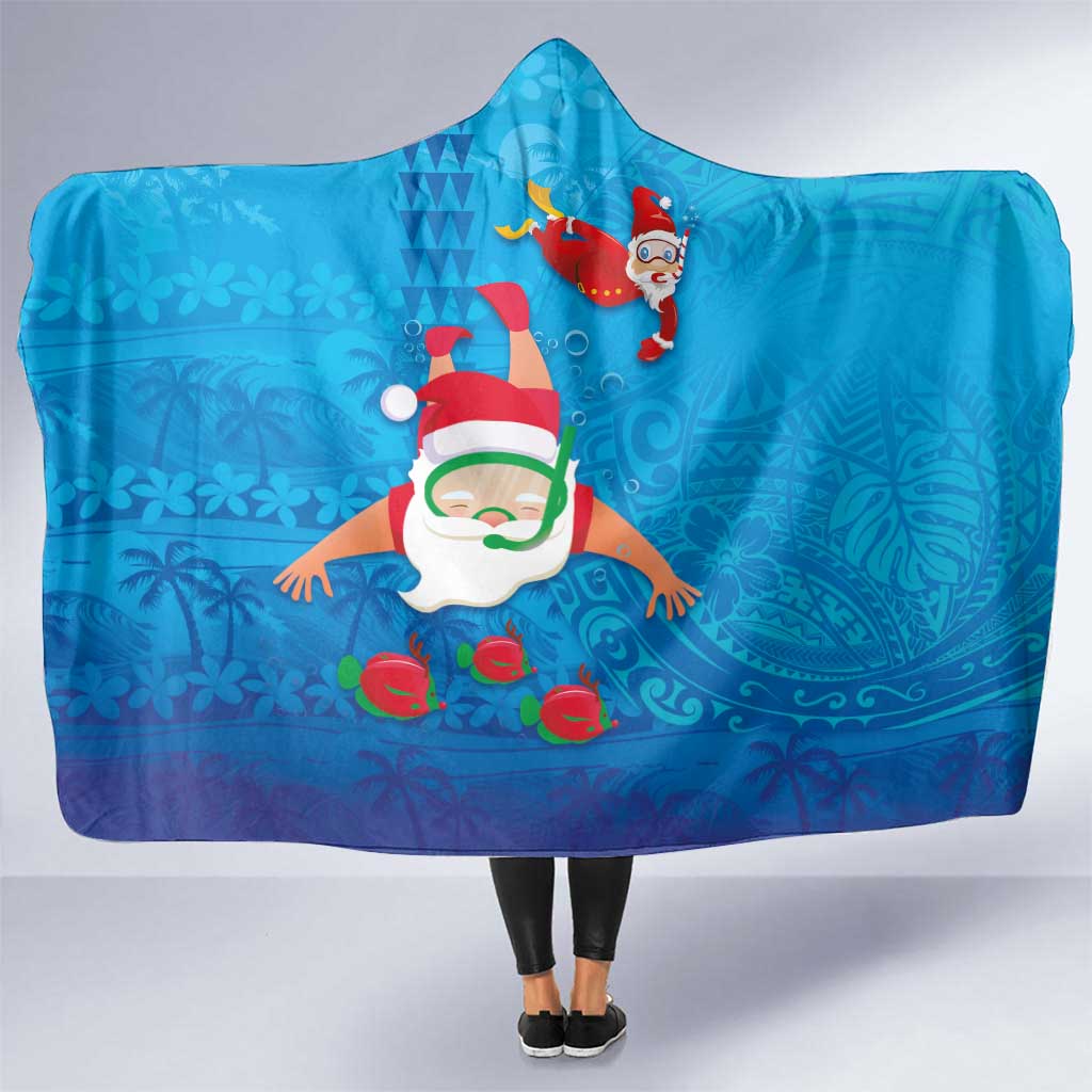 Hawaiian Santa Claus Snorkeling Hooded Blanket Kakau and Polynesian Pattern LT03 One Size Blue - Polynesian Pride