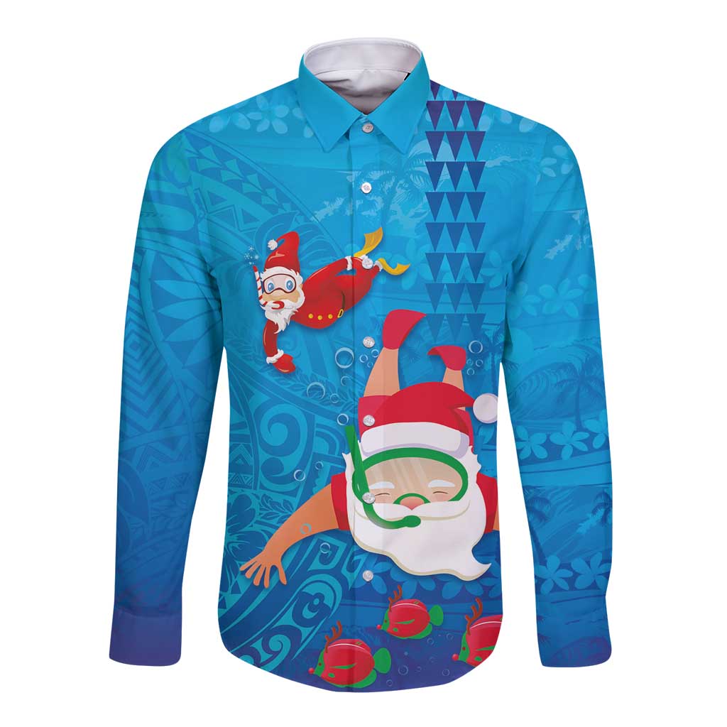 Hawaiian Santa Claus Snorkeling Long Sleeve Button Shirt Kakau and Polynesian Pattern LT03 Unisex Blue - Polynesian Pride