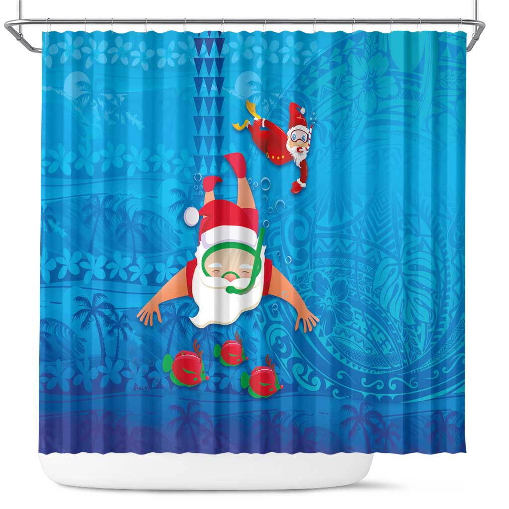 Hawaiian Santa Claus Snorkeling Shower Curtain Kakau and Polynesian Pattern LT03 Blue - Polynesian Pride