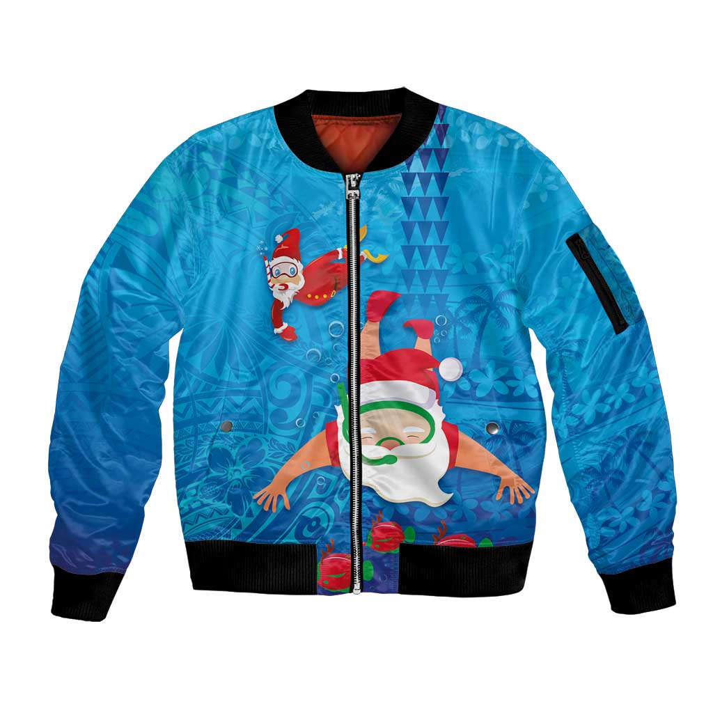 Hawaiian Santa Claus Snorkeling Sleeve Zip Bomber Jacket Kakau and Polynesian Pattern LT03 Unisex Blue - Polynesian Pride