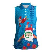 Hawaiian Santa Claus Snorkeling Women Sleeveless Polo Shirt Kakau and Polynesian Pattern LT03 Female Blue - Polynesian Pride