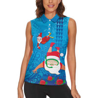 Hawaiian Santa Claus Snorkeling Women Sleeveless Polo Shirt Kakau and Polynesian Pattern LT03 - Polynesian Pride