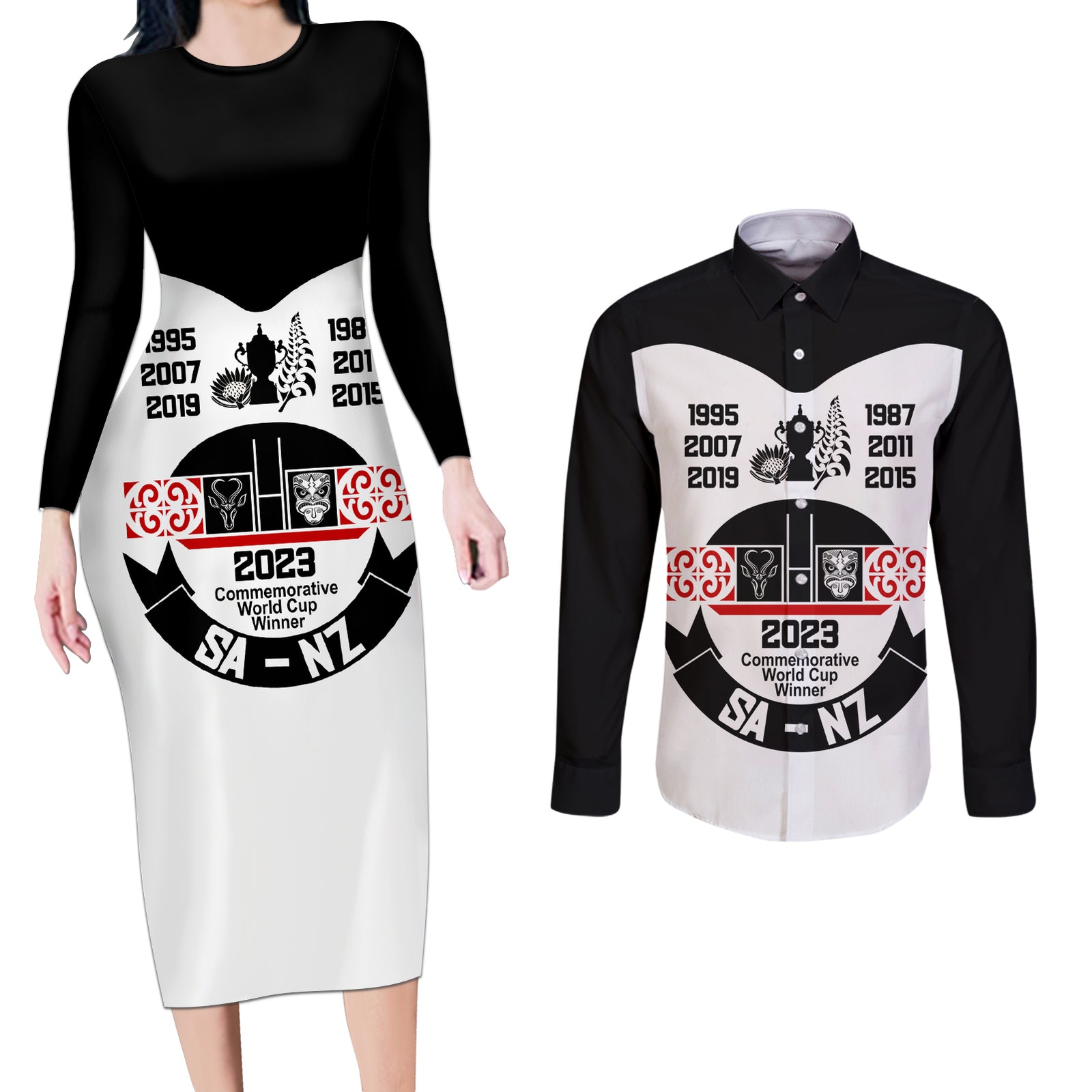 South Africa and New Zealand Couples Matching Long Sleeve Bodycon Dress and Long Sleeve Button Shirt Champion History Go Final 2023 Vintage Style LT03 White - Polynesian Pride