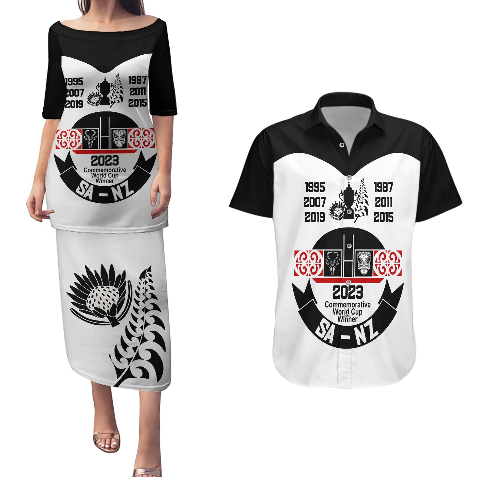 South Africa and New Zealand Couples Matching Puletasi Dress and Hawaiian Shirt Champion History Go Final 2023 Vintage Style LT03 White - Polynesian Pride