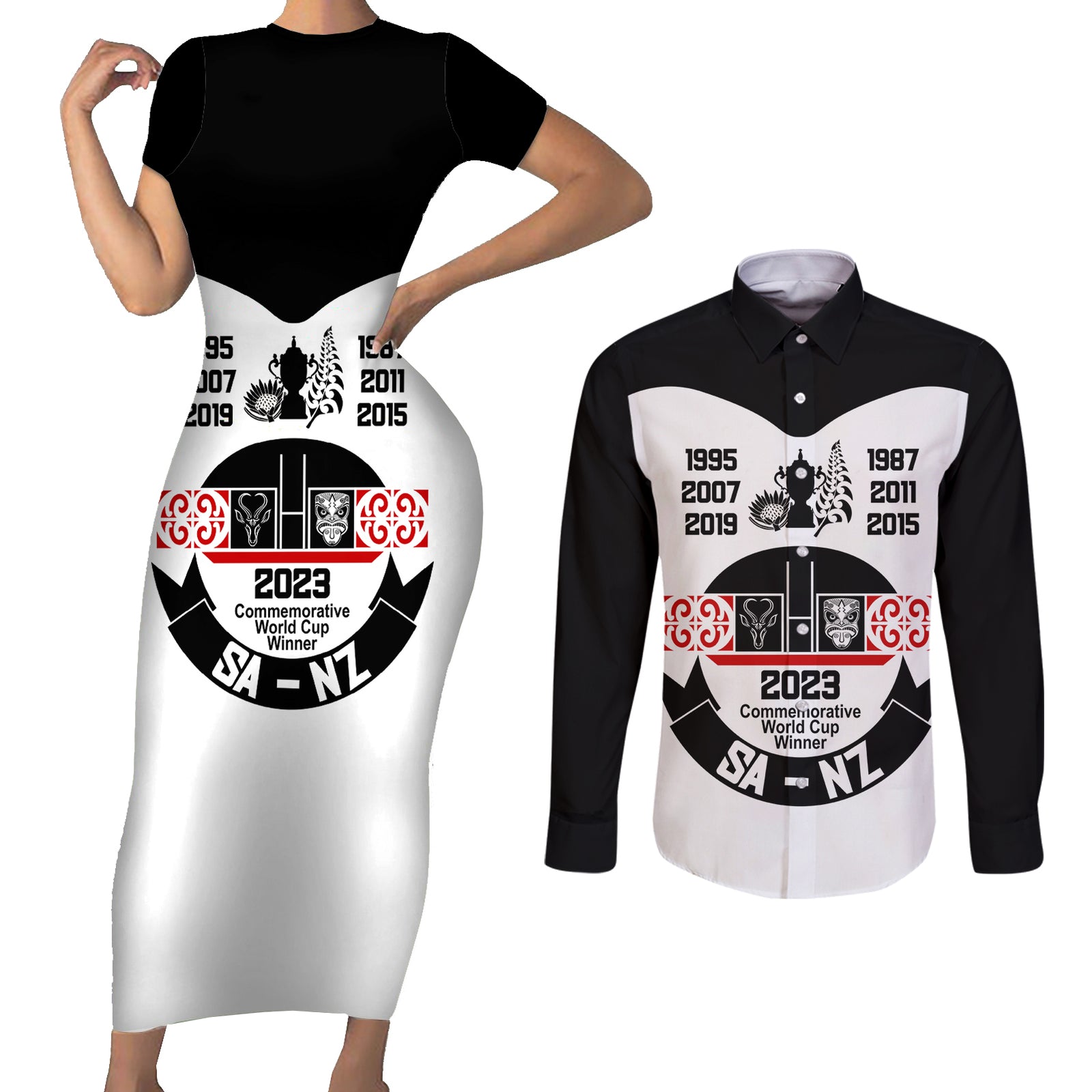 South Africa and New Zealand Couples Matching Short Sleeve Bodycon Dress and Long Sleeve Button Shirt Champion History Go Final 2023 Vintage Style LT03 White - Polynesian Pride