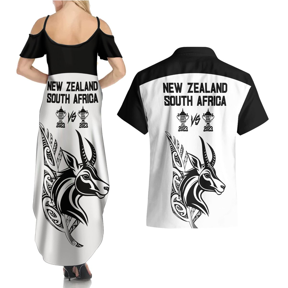 South Africa and New Zealand Couples Matching Summer Maxi Dress and Hawaiian Shirt Champion History Go Final 2023 Vintage Style LT03 - Polynesian Pride