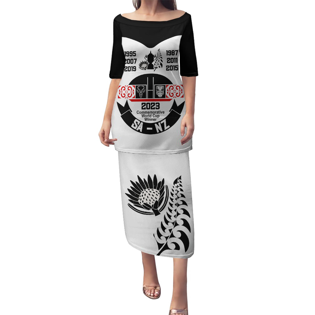 South Africa and New Zealand Family Matching Puletasi Dress and Hawaiian Shirt Champion History Go Final 2023 Vintage Style LT03 Mom's Dress White - Polynesian Pride