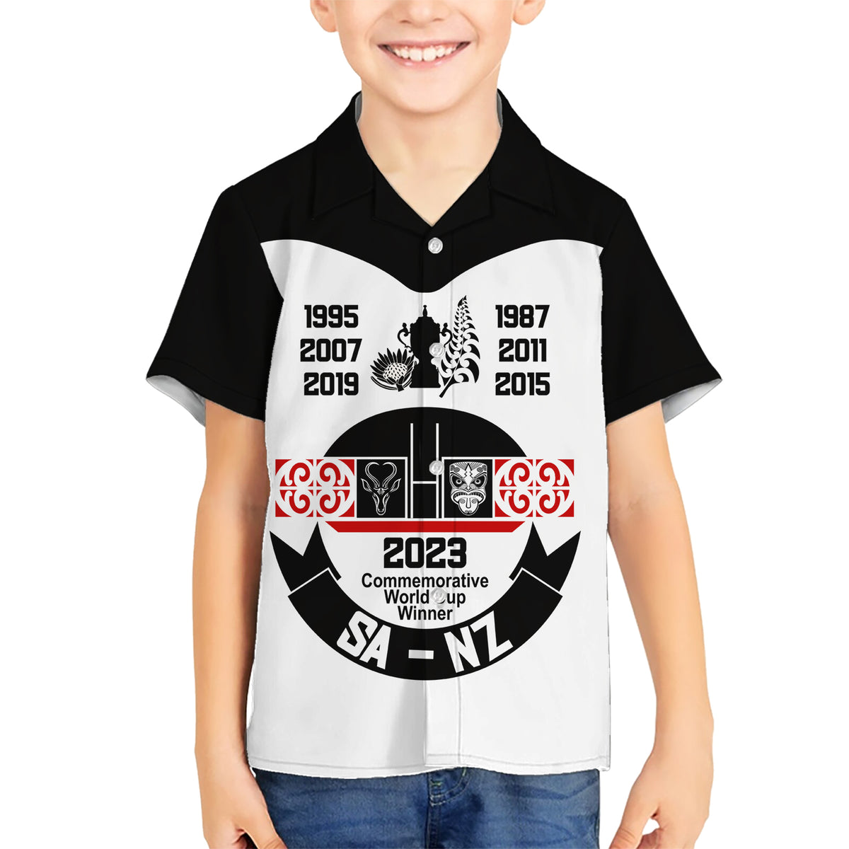 Personalised South Africa and New Zealand Kid Hawaiian Shirt Champion History Go Final 2023 Vintage Style LT03 Kid White - Polynesian Pride