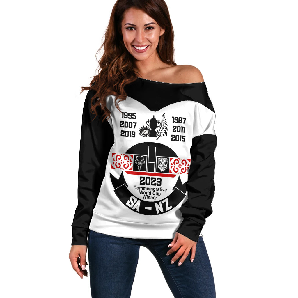 Personalised South Africa and New Zealand Off Shoulder Sweater Champion History Go Final 2023 Vintage Style LT03 Women White - Polynesian Pride