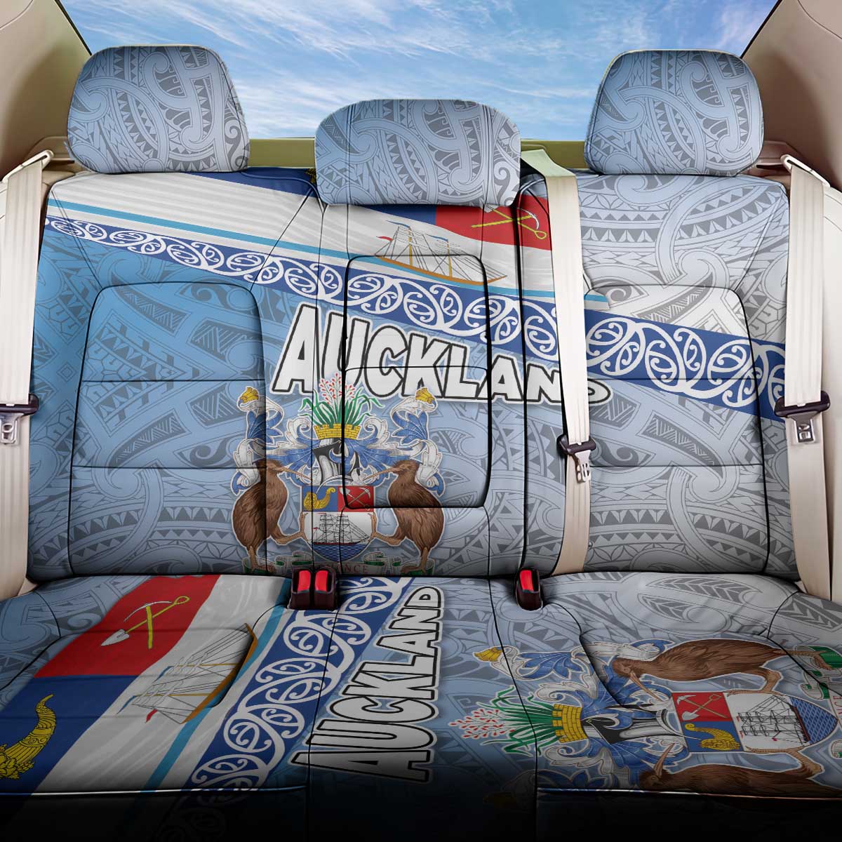 New Zealand Auckland Back Car Seat Cover Auckland's Flag and Coat of Arms - Koru Art Maori Pattern LT03 One Size Light Blue - Polynesian Pride