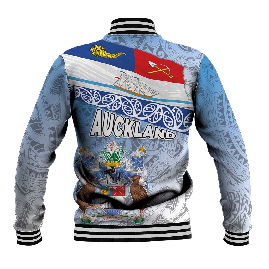 New Zealand Auckland Baseball Jacket Auckland's Flag and Coat of Arms - Koru Art Maori Pattern LT03 - Polynesian Pride