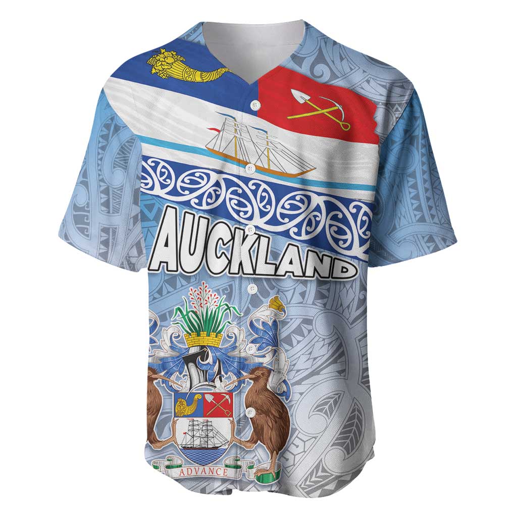 New Zealand Auckland Baseball Jersey Auckland's Flag and Coat of Arms - Koru Art Maori Pattern LT03 Light Blue - Polynesian Pride