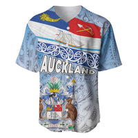 New Zealand Auckland Baseball Jersey Auckland's Flag and Coat of Arms - Koru Art Maori Pattern LT03 Light Blue - Polynesian Pride