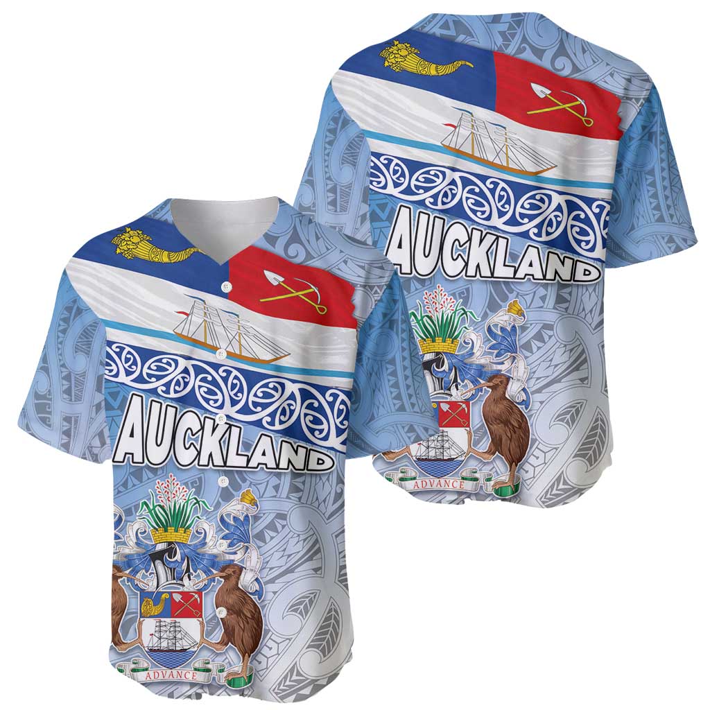 New Zealand Auckland Baseball Jersey Auckland's Flag and Coat of Arms - Koru Art Maori Pattern LT03 - Polynesian Pride