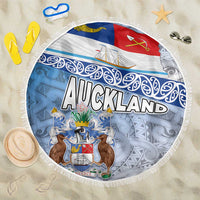 New Zealand Auckland Beach Blanket Auckland's Flag and Coat of Arms - Koru Art Maori Pattern LT03 One Size 150cm Light Blue - Polynesian Pride