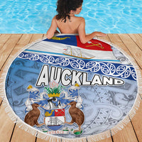 New Zealand Auckland Beach Blanket Auckland's Flag and Coat of Arms - Koru Art Maori Pattern LT03 - Polynesian Pride