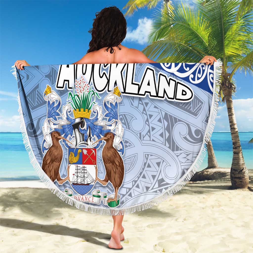 New Zealand Auckland Beach Blanket Auckland's Flag and Coat of Arms - Koru Art Maori Pattern LT03 - Polynesian Pride