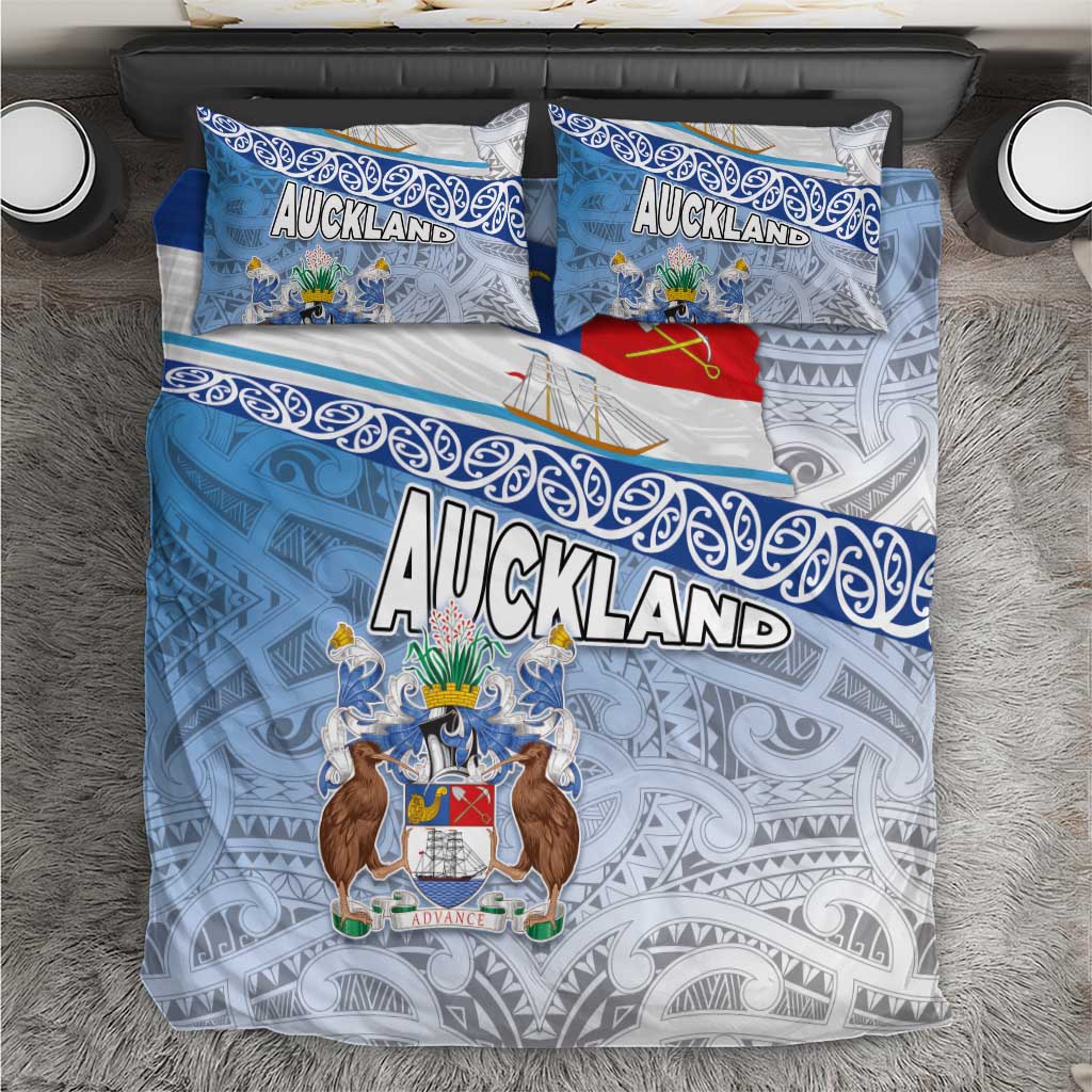 New Zealand Auckland Bedding Set Auckland's Flag and Coat of Arms - Koru Art Maori Pattern LT03 Light Blue - Polynesian Pride