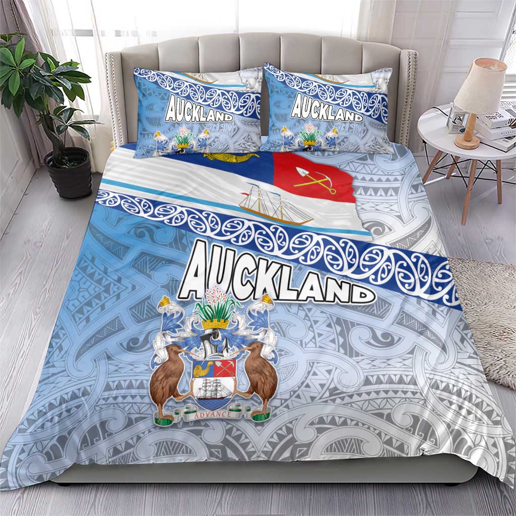 New Zealand Auckland Bedding Set Auckland's Flag and Coat of Arms - Koru Art Maori Pattern LT03 - Polynesian Pride