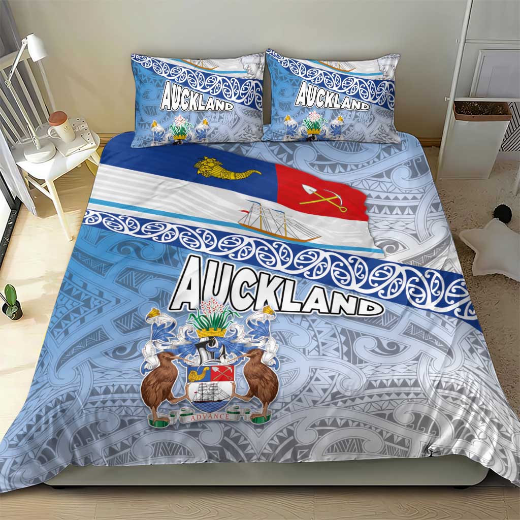 New Zealand Auckland Bedding Set Auckland's Flag and Coat of Arms - Koru Art Maori Pattern LT03 - Polynesian Pride