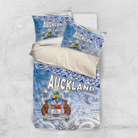 New Zealand Auckland Bedding Set Auckland's Flag and Coat of Arms - Koru Art Maori Pattern LT03 US Twin 172cm x 218cm Light Blue - Polynesian Pride