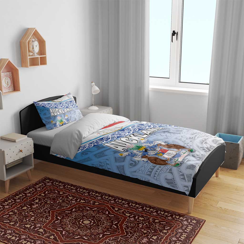 New Zealand Auckland Bedding Set Auckland's Flag and Coat of Arms - Koru Art Maori Pattern LT03 - Polynesian Pride
