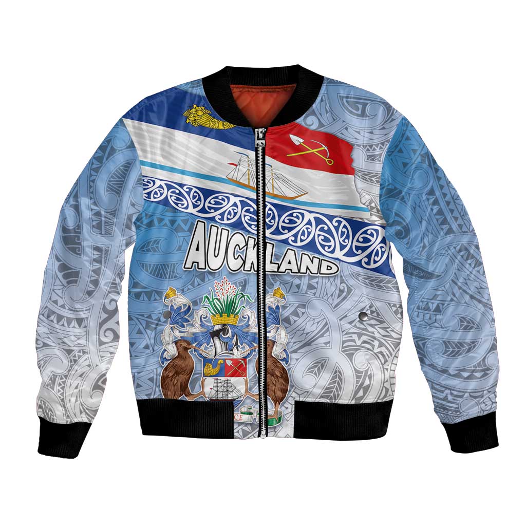 New Zealand Auckland Bomber Jacket Auckland's Flag and Coat of Arms - Koru Art Maori Pattern LT03 Unisex Light Blue - Polynesian Pride