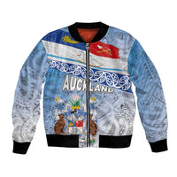New Zealand Auckland Bomber Jacket Auckland's Flag and Coat of Arms - Koru Art Maori Pattern LT03 Unisex Light Blue - Polynesian Pride