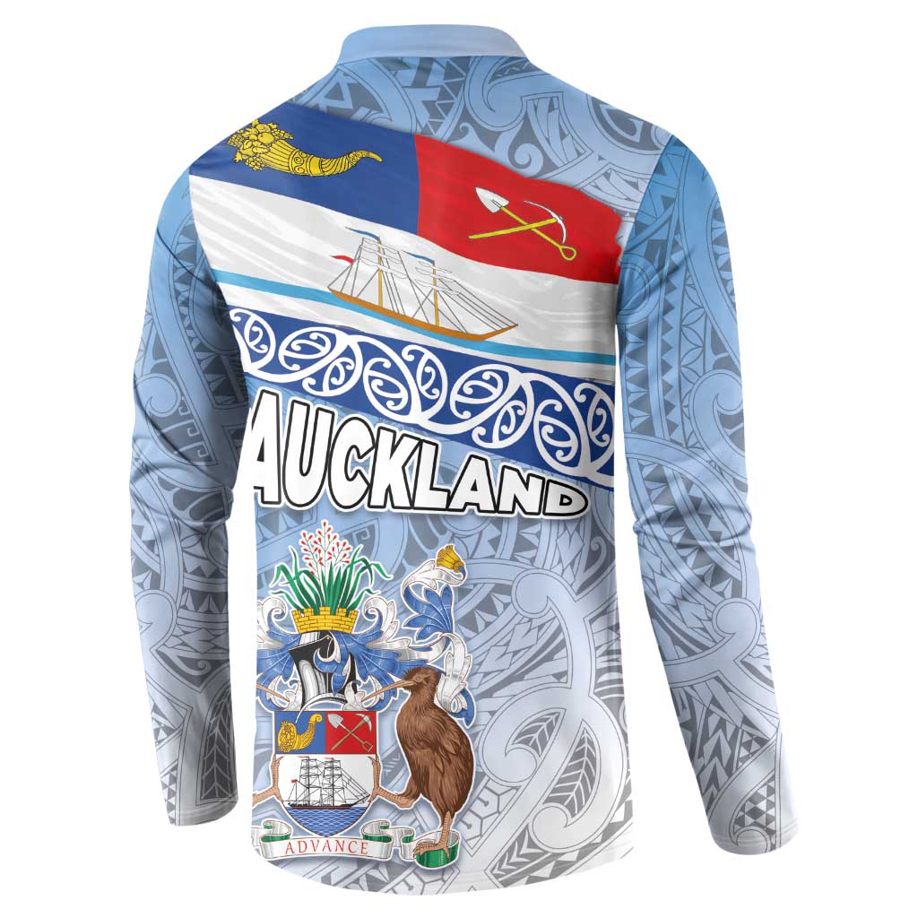 New Zealand Auckland Button Sweatshirt Auckland's Flag and Coat of Arms - Koru Art Maori Pattern LT03 - Polynesian Pride