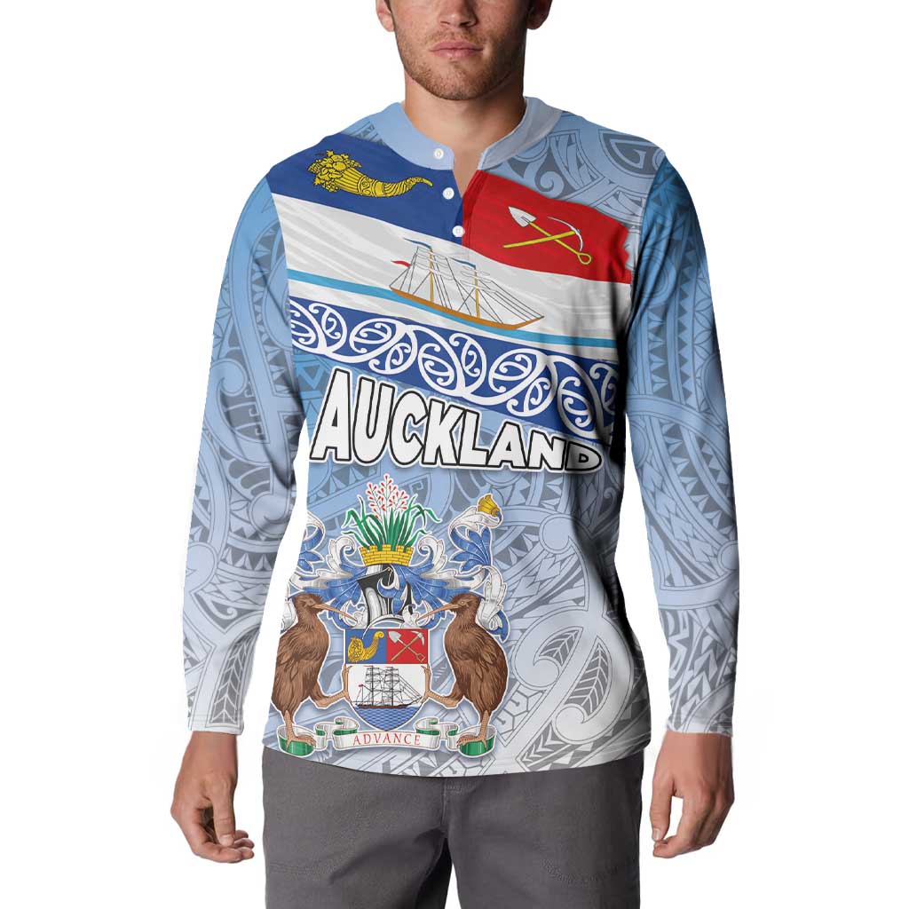 New Zealand Auckland Button Sweatshirt Auckland's Flag and Coat of Arms - Koru Art Maori Pattern LT03 - Polynesian Pride
