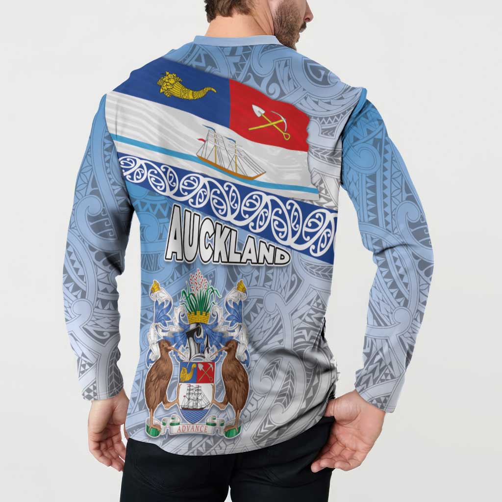 New Zealand Auckland Button Sweatshirt Auckland's Flag and Coat of Arms - Koru Art Maori Pattern LT03 - Polynesian Pride