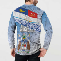 New Zealand Auckland Button Sweatshirt Auckland's Flag and Coat of Arms - Koru Art Maori Pattern LT03 - Polynesian Pride