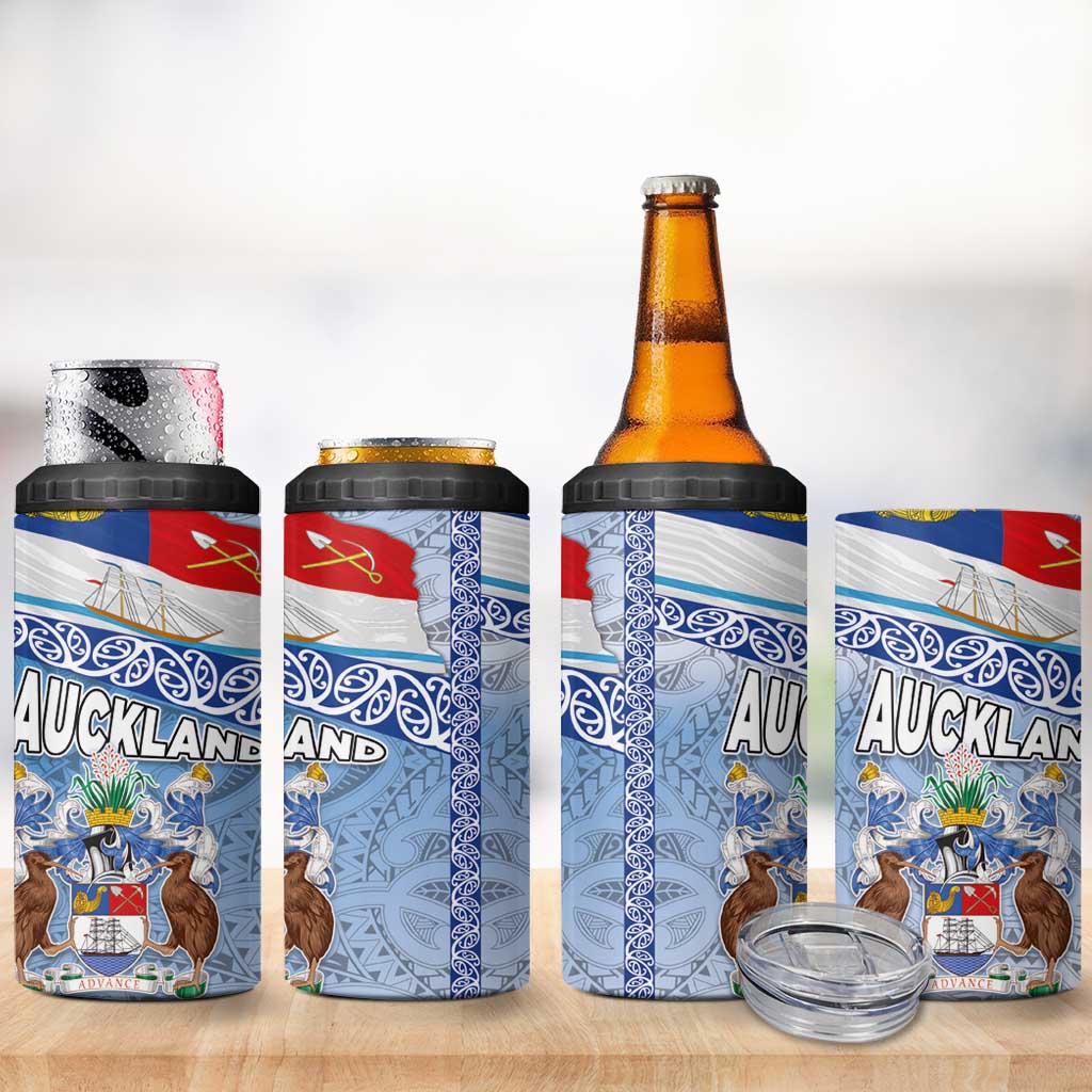 New Zealand Auckland 4 in 1 Can Cooler Tumbler Auckland's Flag and Coat of Arms - Koru Art Maori Pattern LT03 - Polynesian Pride
