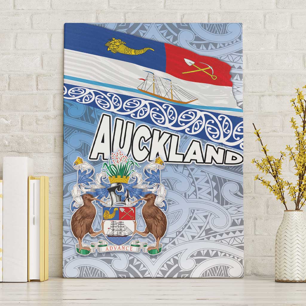 New Zealand Auckland Canvas Wall Art Auckland's Flag and Coat of Arms - Koru Art Maori Pattern LT03 Without Frame Light Blue - Polynesian Pride