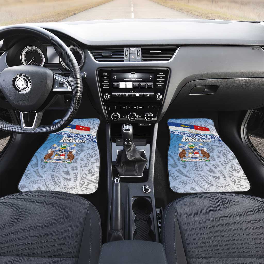 New Zealand Auckland Car Mats Auckland's Flag and Coat of Arms - Koru Art Maori Pattern LT03 Set 2pcs - Front Light Blue - Polynesian Pride