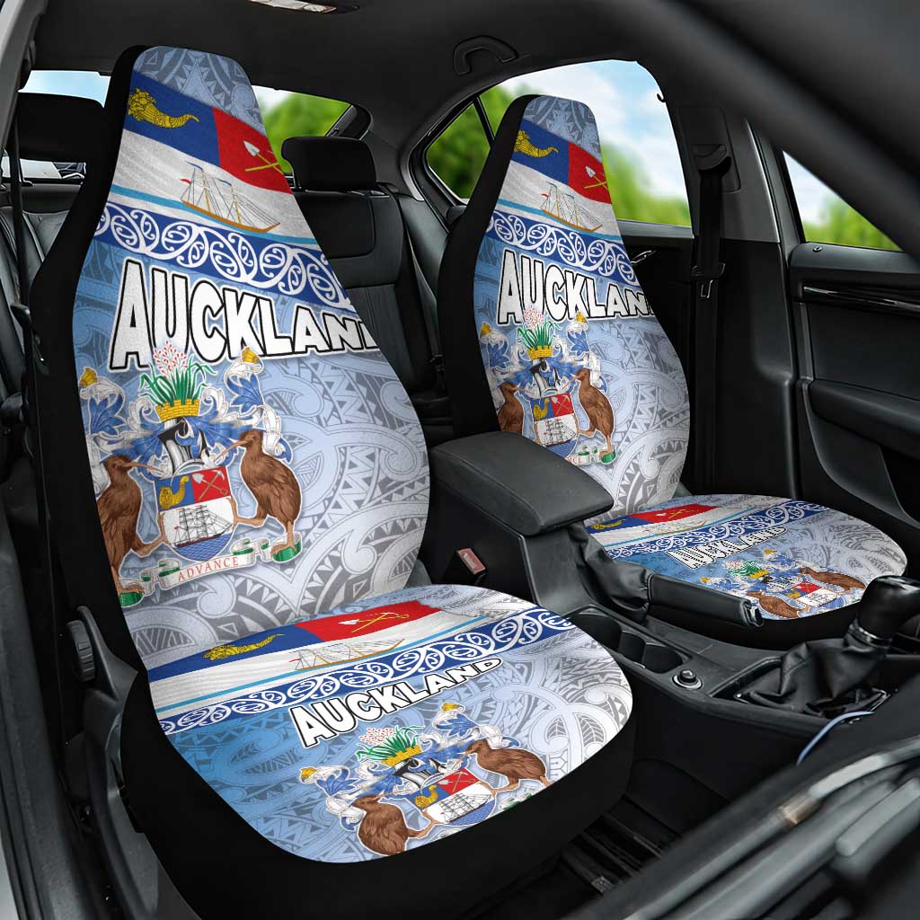 New Zealand Auckland Car Seat Cover Auckland's Flag and Coat of Arms - Koru Art Maori Pattern LT03 One Size Light Blue - Polynesian Pride