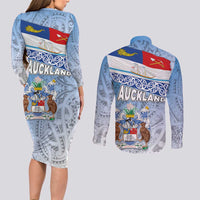 New Zealand Auckland Couples Matching Long Sleeve Bodycon Dress and Long Sleeve Button Shirt Auckland's Flag and Coat of Arms - Koru Art Maori Pattern LT03 - Polynesian Pride