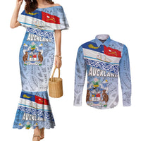New Zealand Auckland Couples Matching Mermaid Dress and Long Sleeve Button Shirt Auckland's Flag and Coat of Arms - Koru Art Maori Pattern LT03 Light Blue - Polynesian Pride
