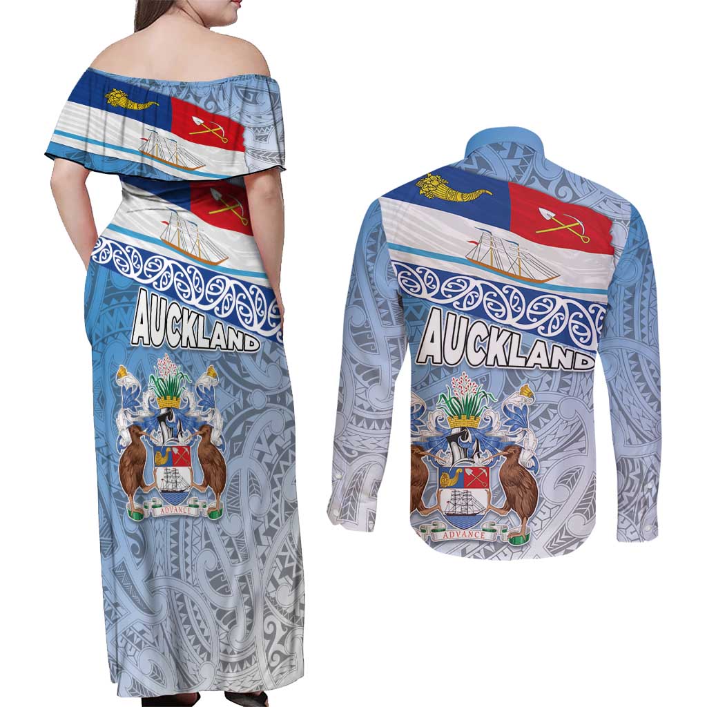 New Zealand Auckland Couples Matching Off Shoulder Maxi Dress and Long Sleeve Button Shirt Auckland's Flag and Coat of Arms - Koru Art Maori Pattern LT03 - Polynesian Pride