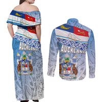 New Zealand Auckland Couples Matching Off Shoulder Maxi Dress and Long Sleeve Button Shirt Auckland's Flag and Coat of Arms - Koru Art Maori Pattern LT03 - Polynesian Pride