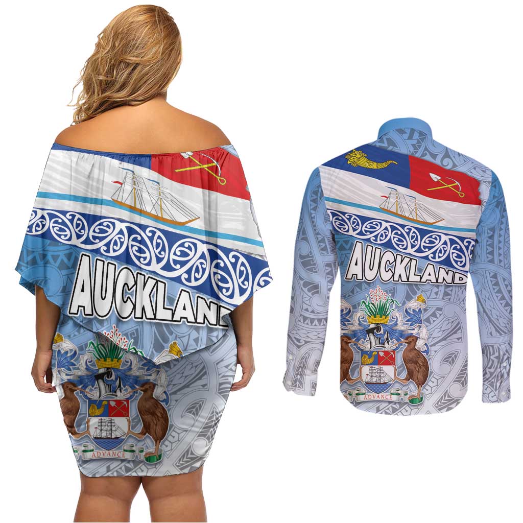 New Zealand Auckland Couples Matching Off Shoulder Short Dress and Long Sleeve Button Shirt Auckland's Flag and Coat of Arms - Koru Art Maori Pattern LT03 - Polynesian Pride