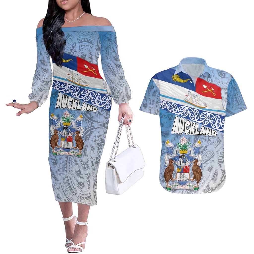 New Zealand Auckland Couples Matching Off The Shoulder Long Sleeve Dress and Hawaiian Shirt Auckland's Flag and Coat of Arms - Koru Art Maori Pattern LT03 Light Blue - Polynesian Pride