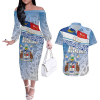 New Zealand Auckland Couples Matching Off The Shoulder Long Sleeve Dress and Hawaiian Shirt Auckland's Flag and Coat of Arms - Koru Art Maori Pattern LT03 Light Blue - Polynesian Pride