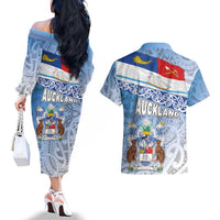 New Zealand Auckland Couples Matching Off The Shoulder Long Sleeve Dress and Hawaiian Shirt Auckland's Flag and Coat of Arms - Koru Art Maori Pattern LT03 - Polynesian Pride