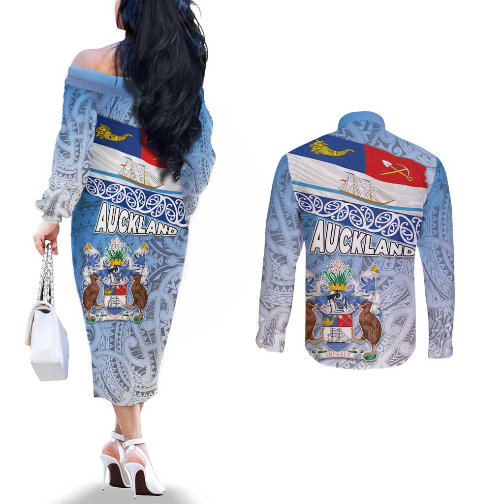 New Zealand Auckland Couples Matching Off The Shoulder Long Sleeve Dress and Long Sleeve Button Shirt Auckland's Flag and Coat of Arms - Koru Art Maori Pattern LT03 - Polynesian Pride