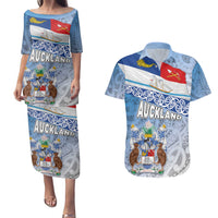 New Zealand Auckland Couples Matching Puletasi and Hawaiian Shirt Auckland's Flag and Coat of Arms - Koru Art Maori Pattern LT03 Light Blue - Polynesian Pride